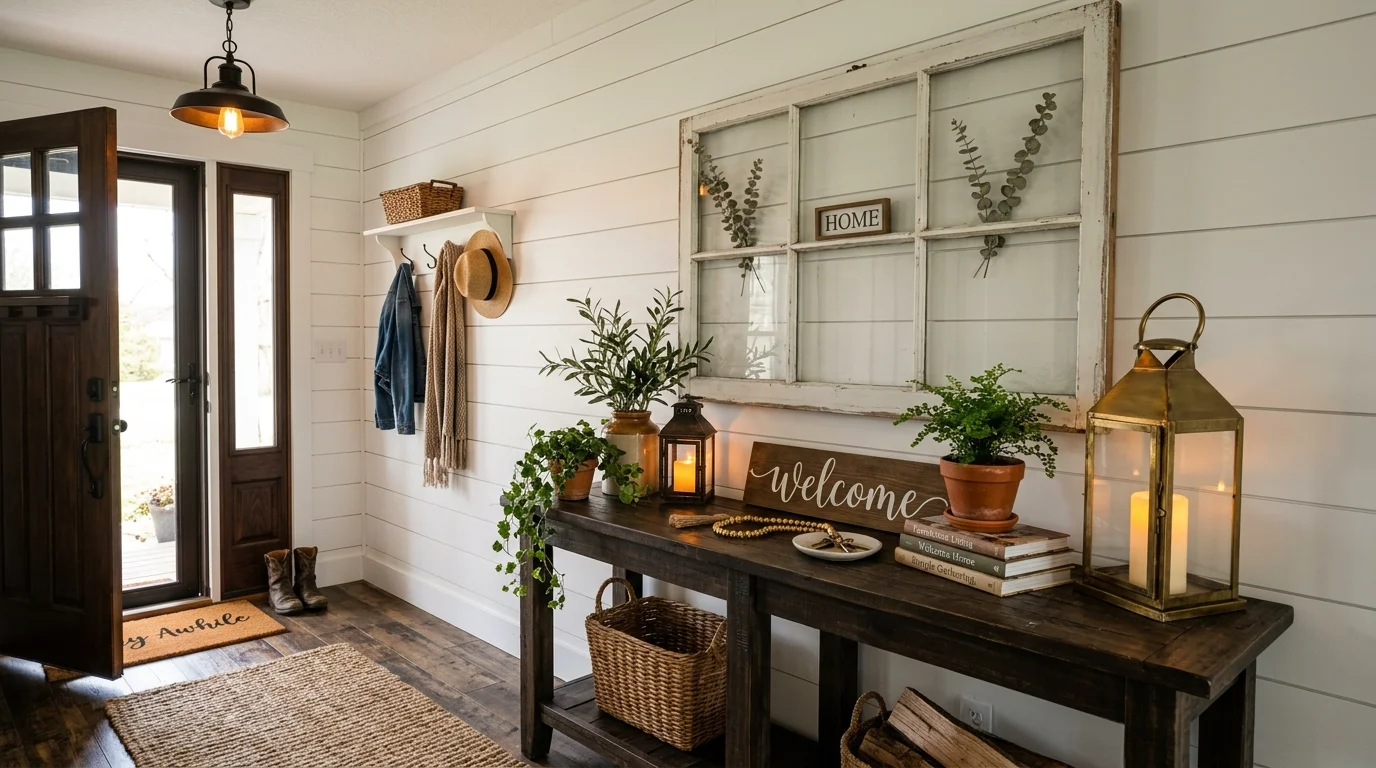 A farmhouse entryway decorated with a large repurposed window frame above a console table, styled with lanterns and greenery, warm welcoming lighting, no people