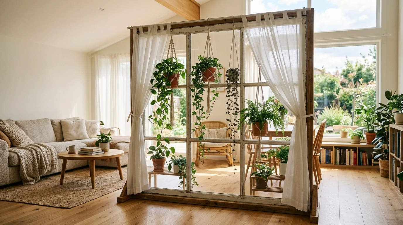A creative window frame turned into a decorative room divider with hanging plants and light curtains, airy indoor space, soft sunlight filtering through, no people
