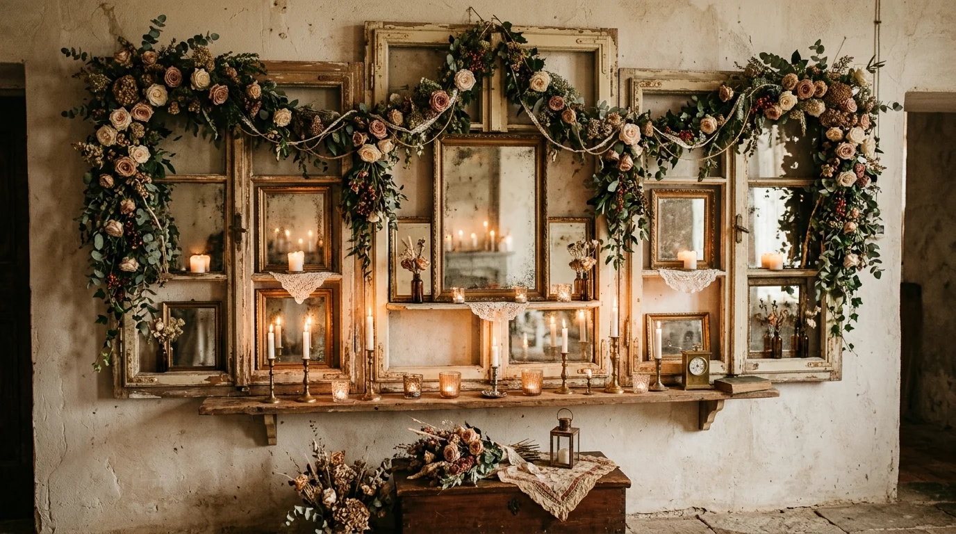 A romantic old window frame wall installation with layered mirrors, candles, and floral garlands, elegant vintage atmosphere, warm ambient glow, no people