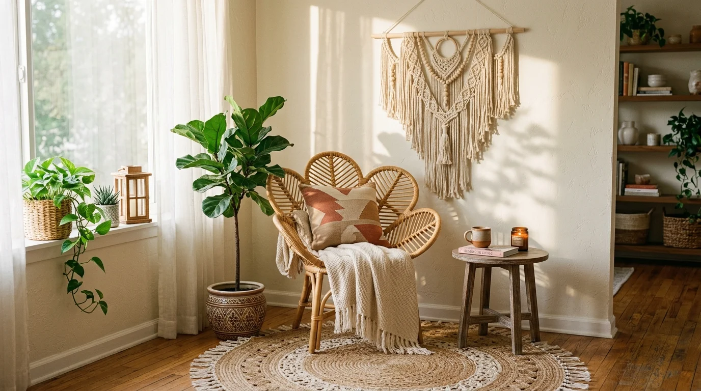 A tiny kitchen corner styled with spice racks, hanging mugs, and compact shelving, warm rustic tones, functional cozy atmosphere, no people
