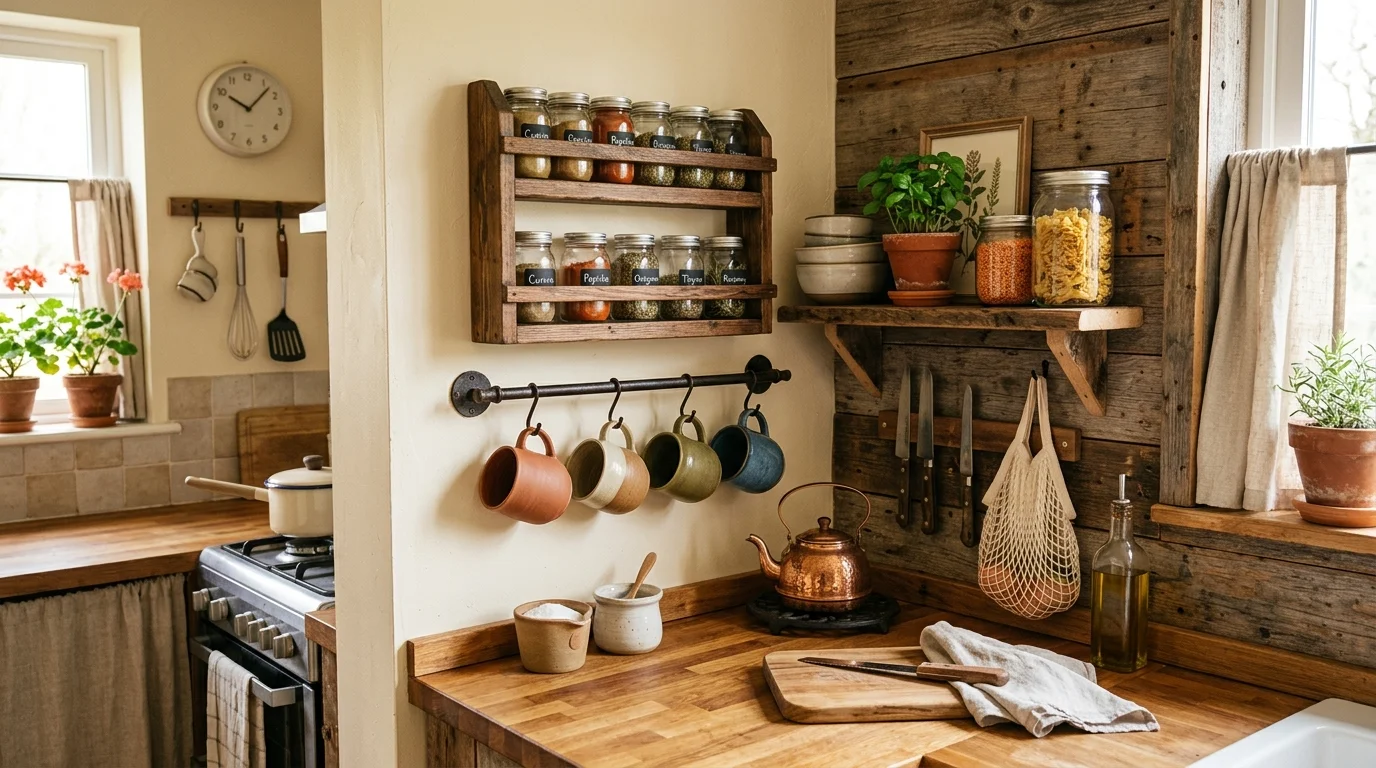 A bedroom corner decorated with a vanity table, round mirror, candles, and floral accents, soft pastel tones, warm ambient lighting, elegant and serene feel, no people