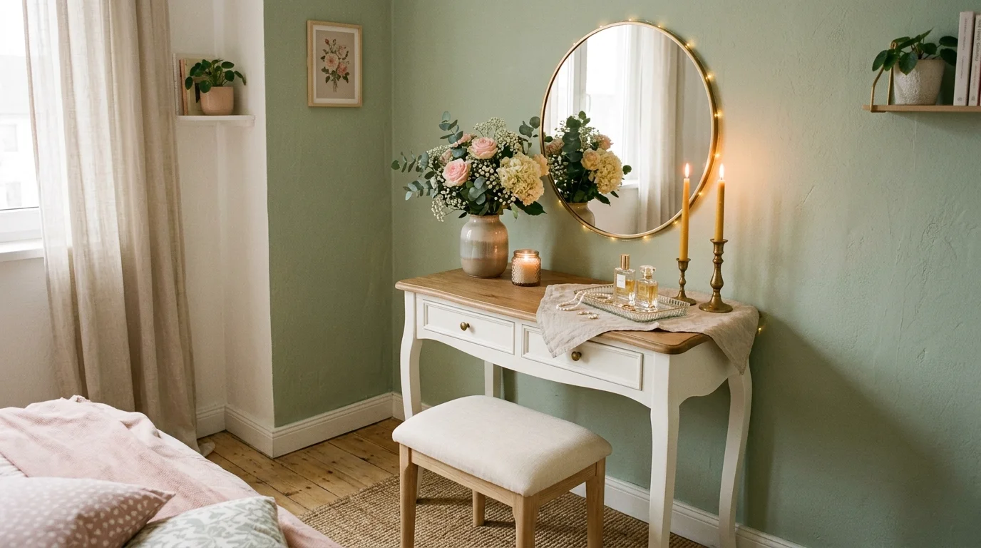 A hallway corner transformed with a narrow console table, decorative tray, mirror above, and subtle greenery, bright natural light, clean modern look, no people
