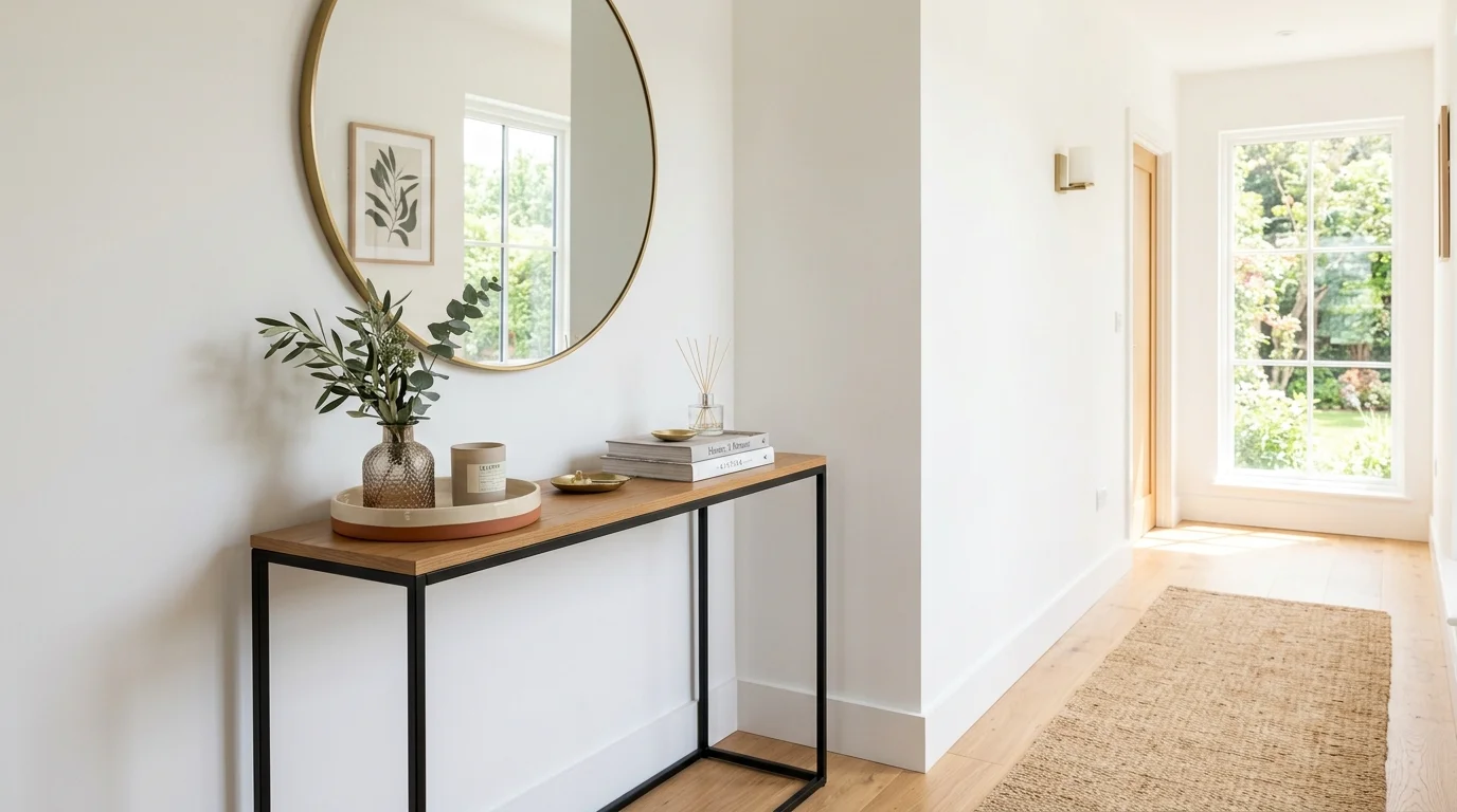 A living room corner with a tall indoor plant, floor lantern, and abstract art leaning against the wall, soft golden lighting, minimalist aesthetic, no people