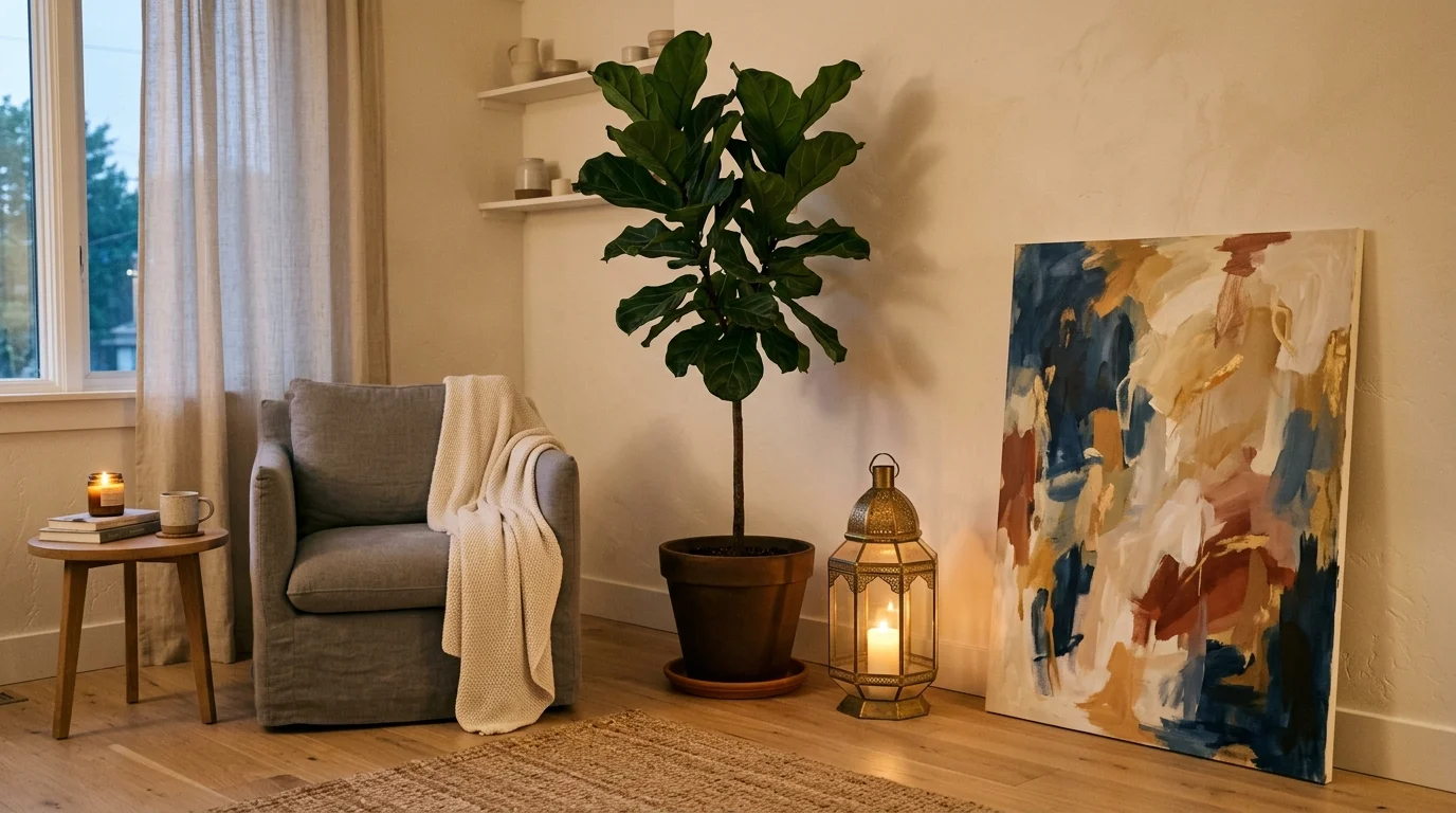A small office corner with compact desk, floating shelves, organized stationery, and inspirational wall art, bright daylight, productive and clean setup, no people