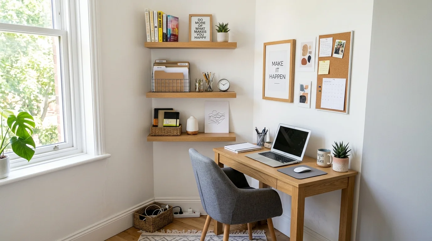 A cozy window corner seat with built-in bench, cushions, and soft curtains, warm sunlight streaming in, peaceful relaxing nook, no people