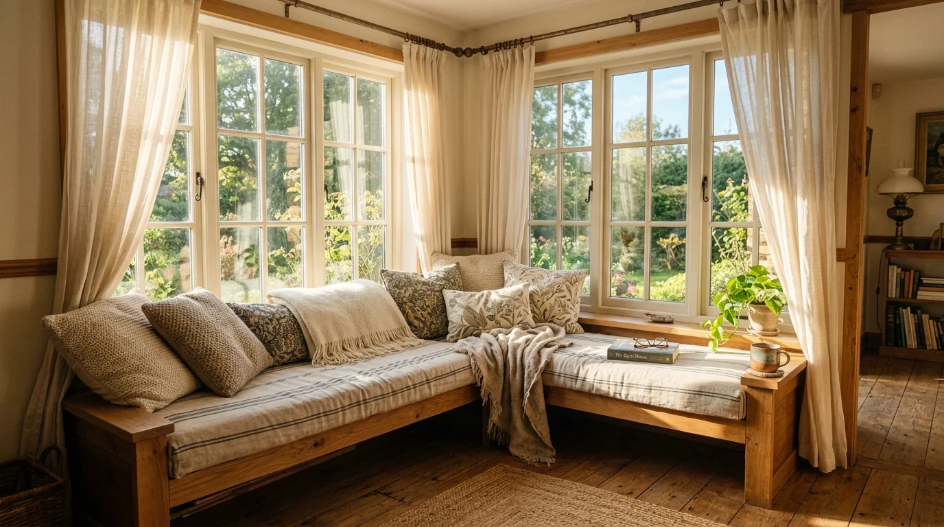 A decorative entry corner with shoe bench, hooks for coats, woven baskets, and small plant decor, organized functional space, natural light, no people
