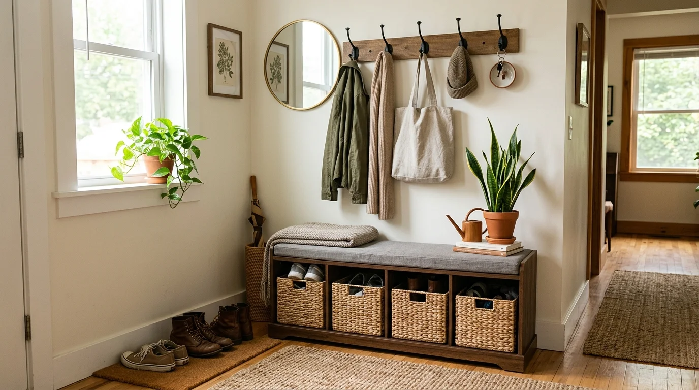 A dining room corner styled with a small bar cart, glassware, bottles, and elegant tray setup, warm ambient lighting, stylish entertaining vibe, no people