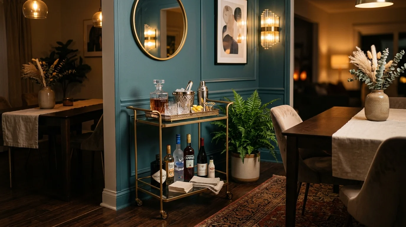 A bathroom corner with ladder shelf, rolled towels, candles, and minimalist decor, soft spa-like lighting, clean serene atmosphere, no people