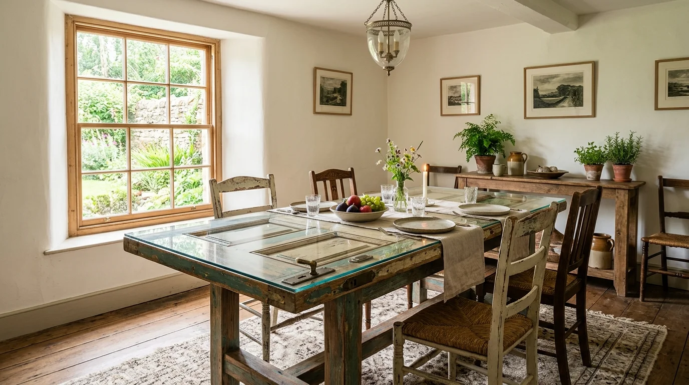 A vintage door transformed into a dining table with glass top placed in a dining room bright natural daylight unique repurposed furniture no people