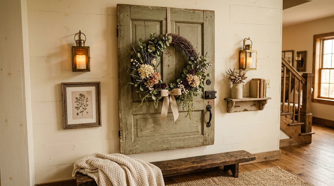 An old door mounted on a wall as a decorative panel with wreath and accents soft lighting charming farmhouse style no people