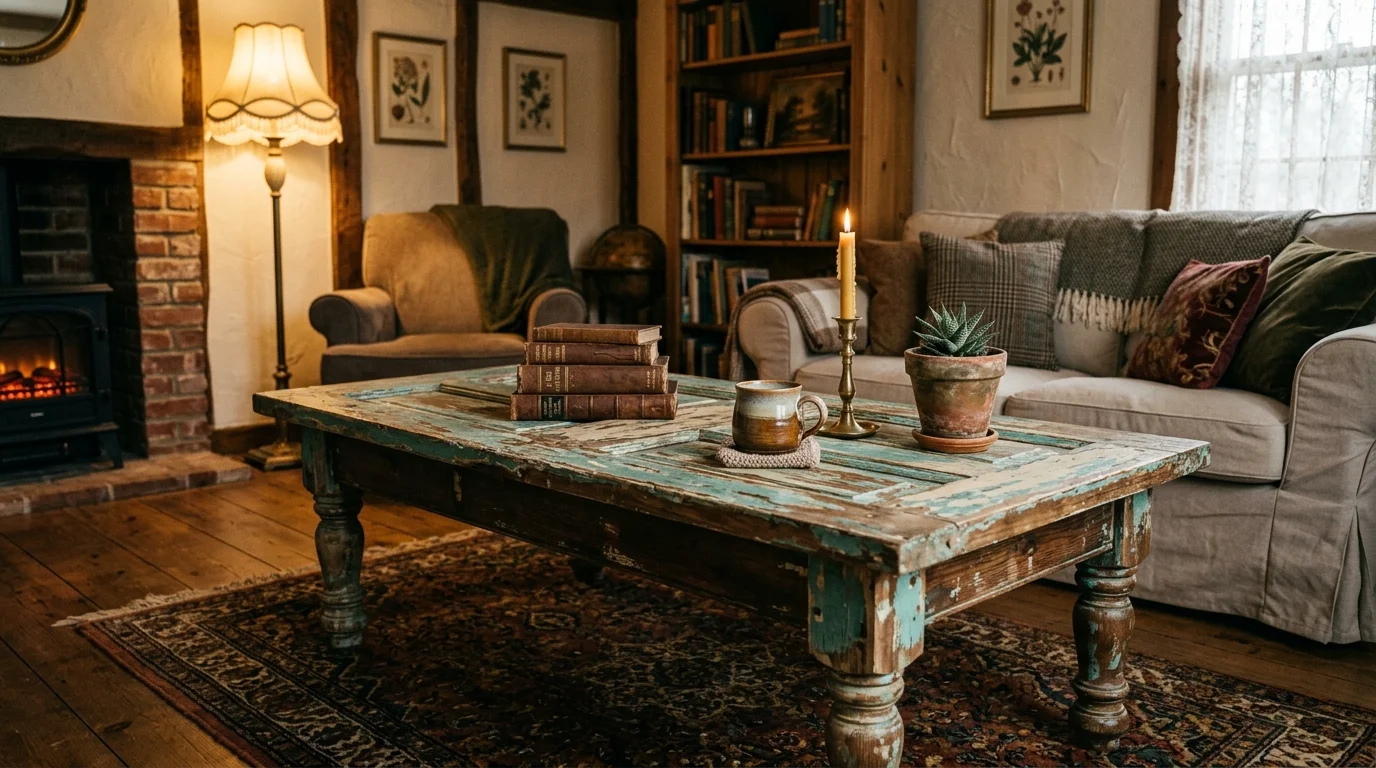 A door converted into a coffee table with legs attached and a distressed finish placed in a living room warm lighting cozy vintage decor no people