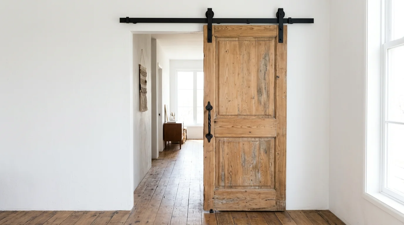 A repurposed door used as a sliding barn door with visible wood grain bright natural light rustic functional design no people
