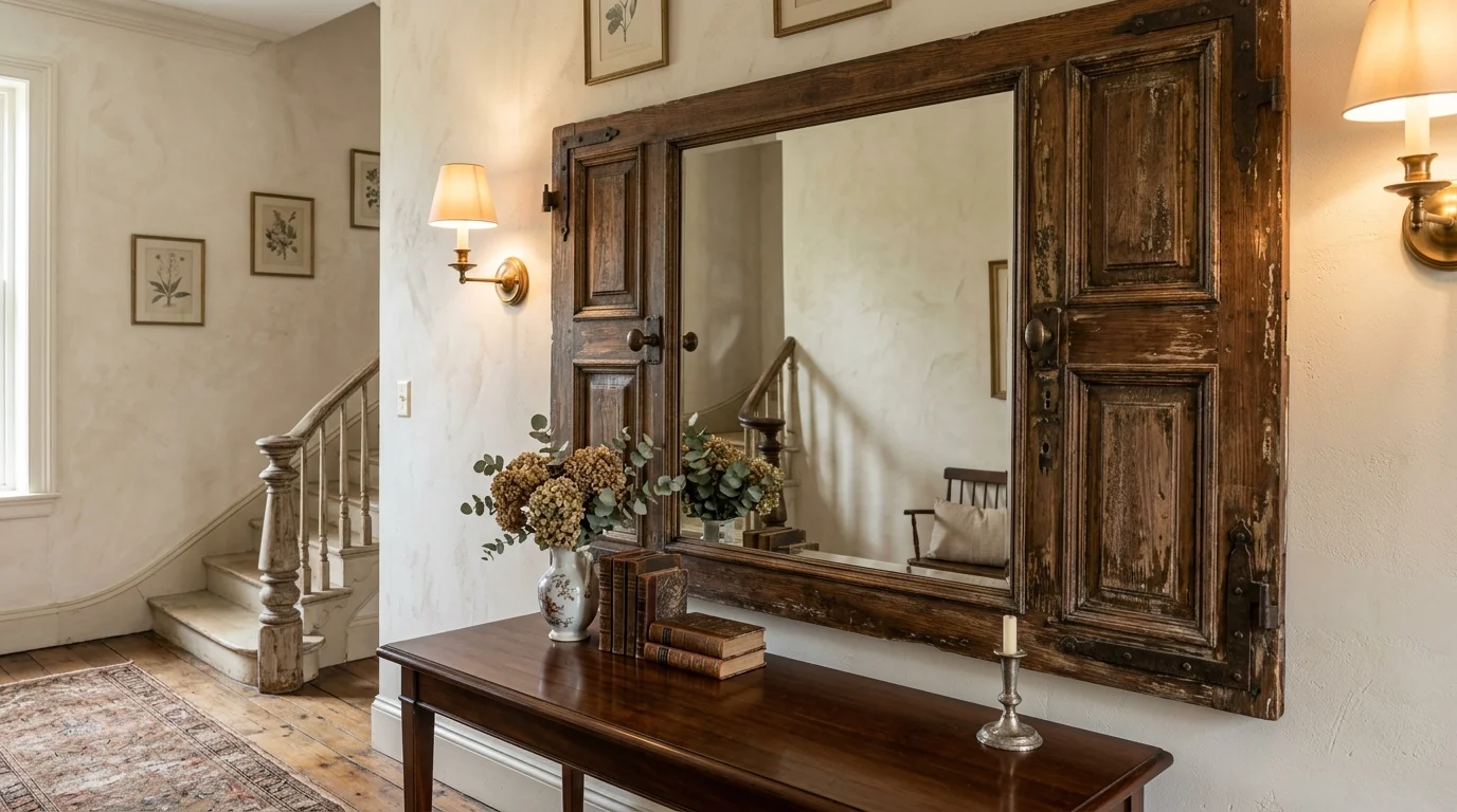 A vintage door turned into a wall mirror frame mounted in an entryway soft lighting elegant antique decor no people