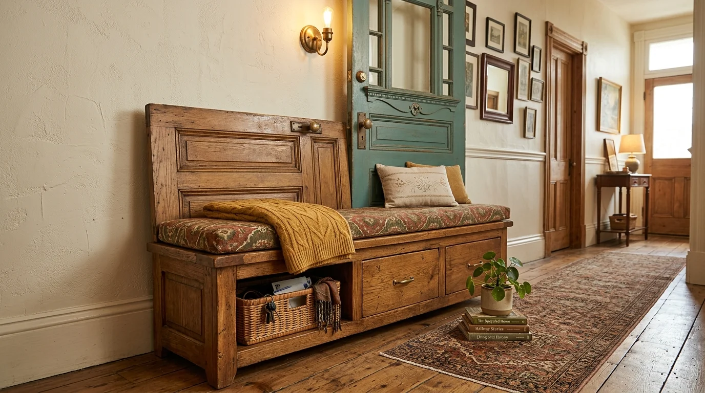 A door used as a bench with added seating and storage placed in a hallway warm lighting creative upcycled furniture no people
