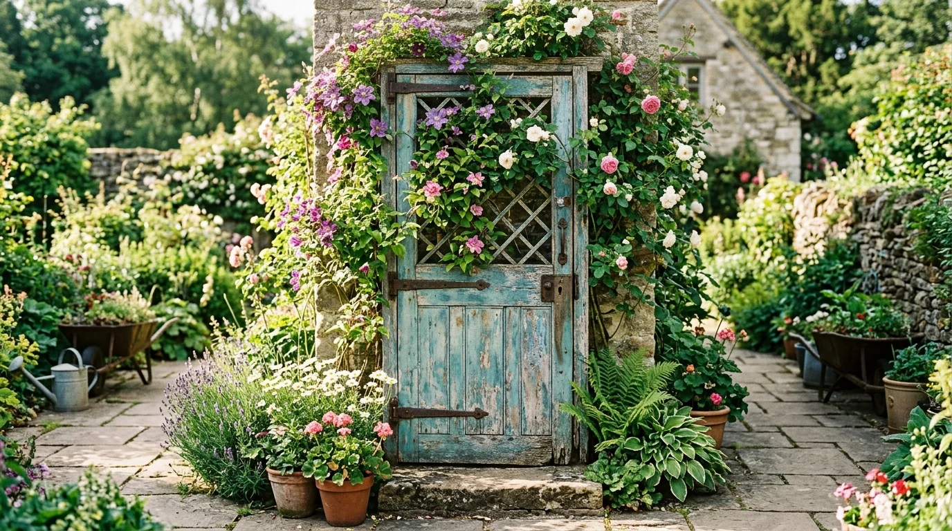 An old door transformed into a garden trellis with climbing plants bright natural daylight charming outdoor decor no people