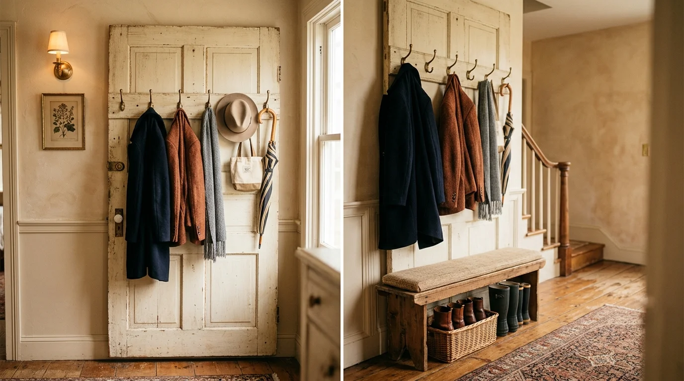 A door repurposed into a coat rack with hooks mounted across it soft lighting practical vintage entryway idea no people