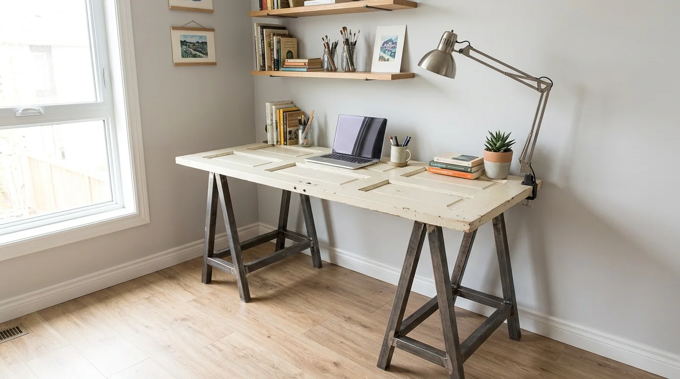 A door turned into a desk with a simple tabletop design placed in a workspace bright lighting creative DIY furniture no people