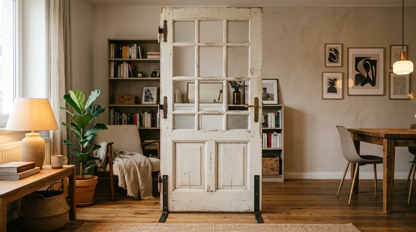 A repurposed door used as a room divider with open panels soft lighting stylish functional decor no people