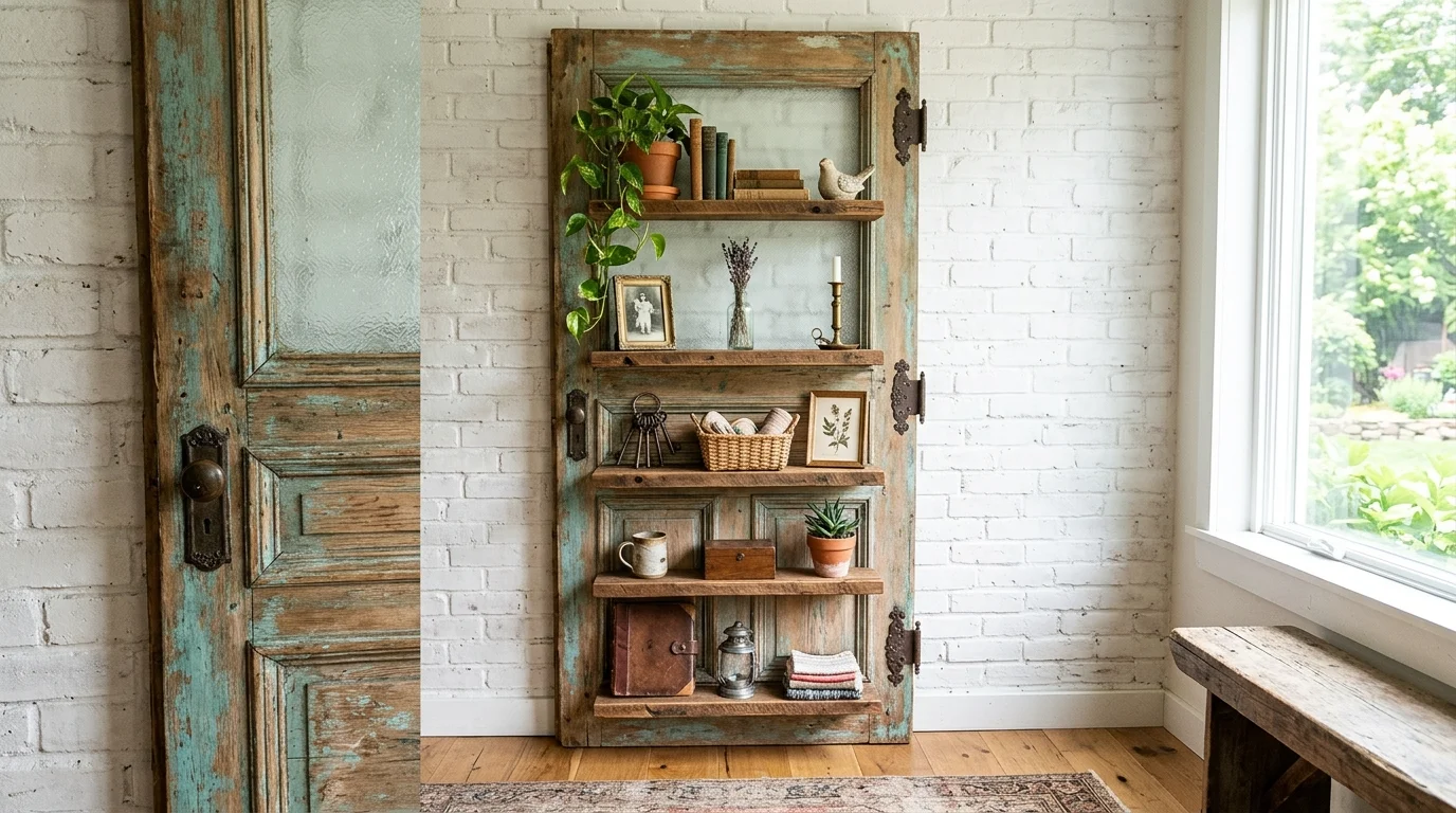 A vintage door used as a shelf unit with added compartments for decor items bright natural light unique storage solution no people