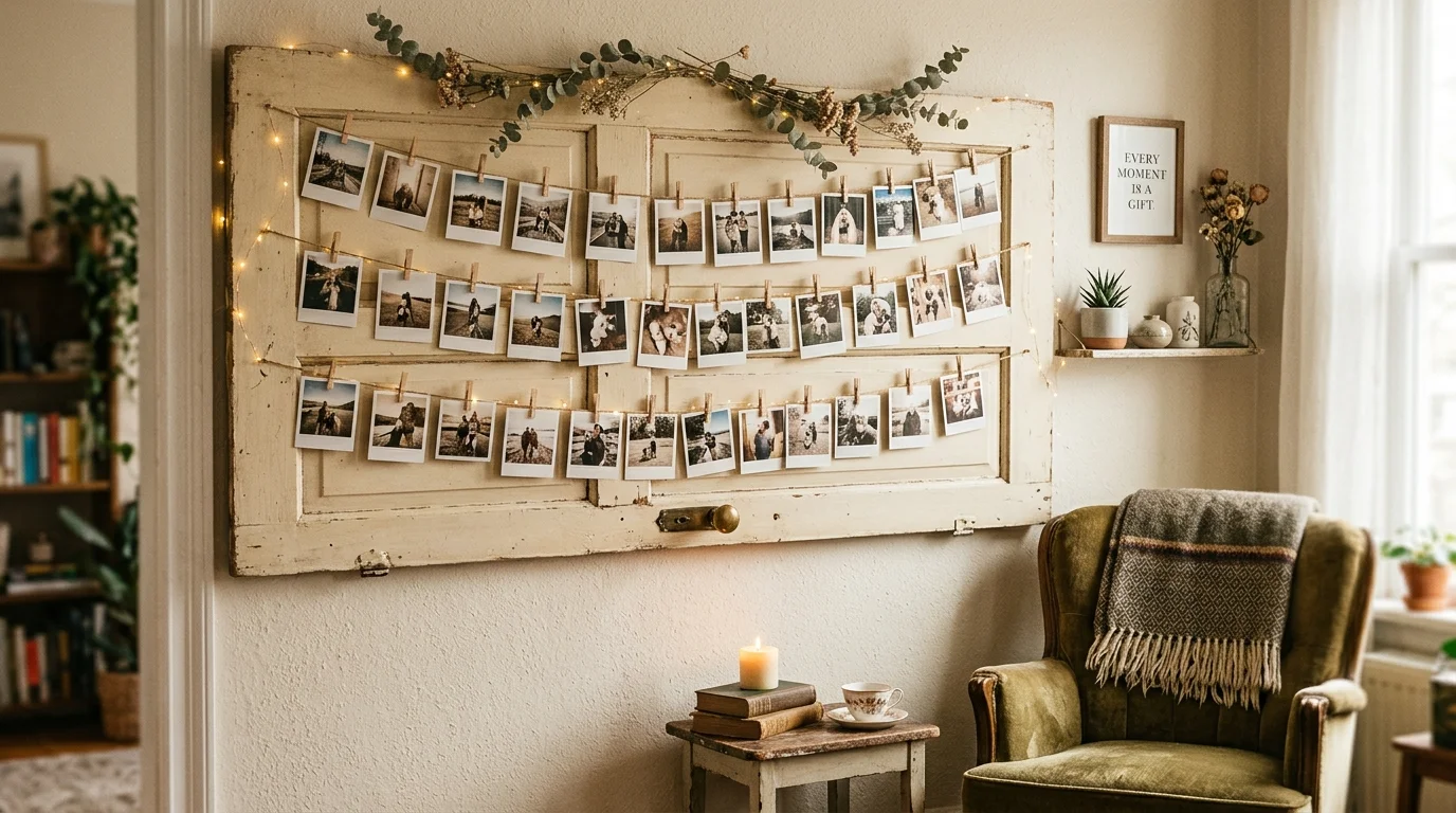 A door transformed into a photo display board with clips holding pictures soft lighting personalized vintage decor no people