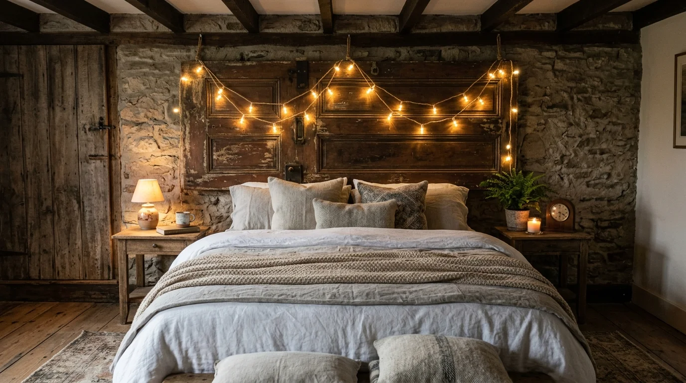An old door used as a headboard with hanging lights attached soft warm lighting cozy rustic bedroom design no people