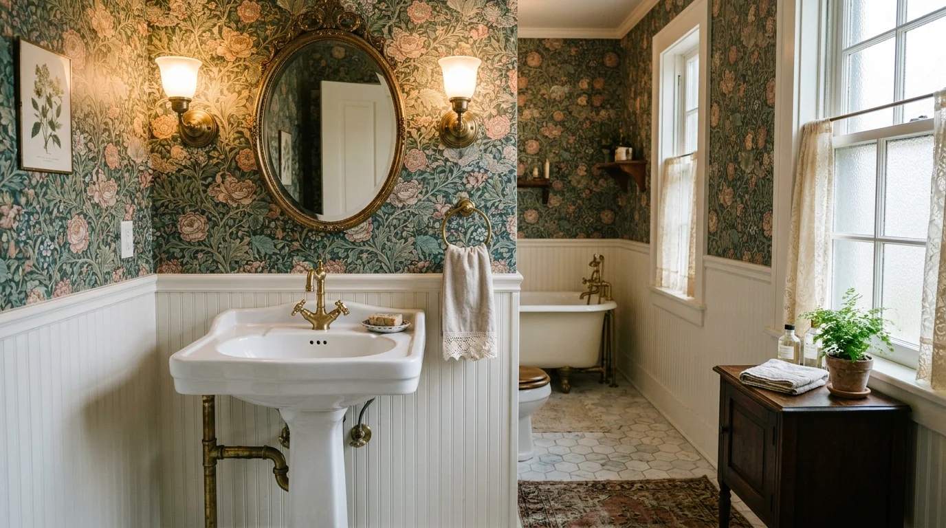 A bathroom with a pedestal sink brass fixtures and floral wallpaper soft warm lighting elegant antique charm no people