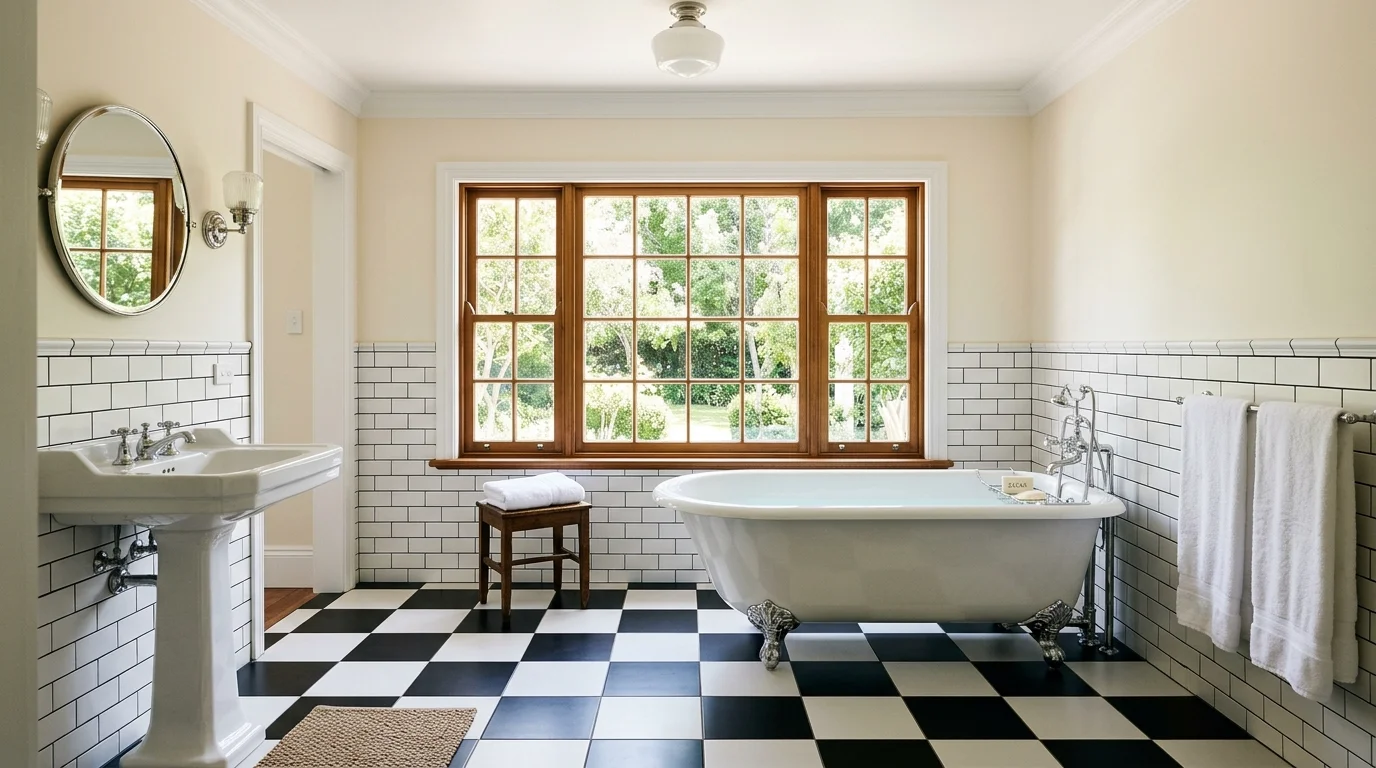 A space with black and white checkerboard flooring and a classic tub bright lighting timeless retro design no people