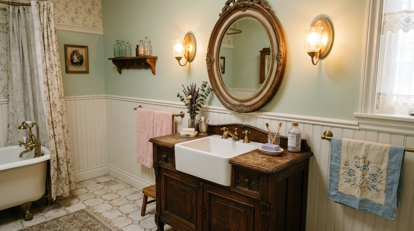 A vintage bathroom with a wooden vanity antique mirror and soft pastel accents warm lighting charming nostalgic decor no people