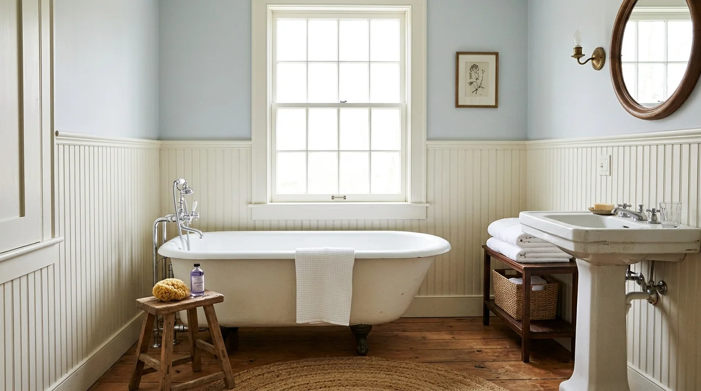 A bathroom with beadboard walls a clawfoot tub and simple decor bright natural daylight cozy farmhouse vintage feel no people