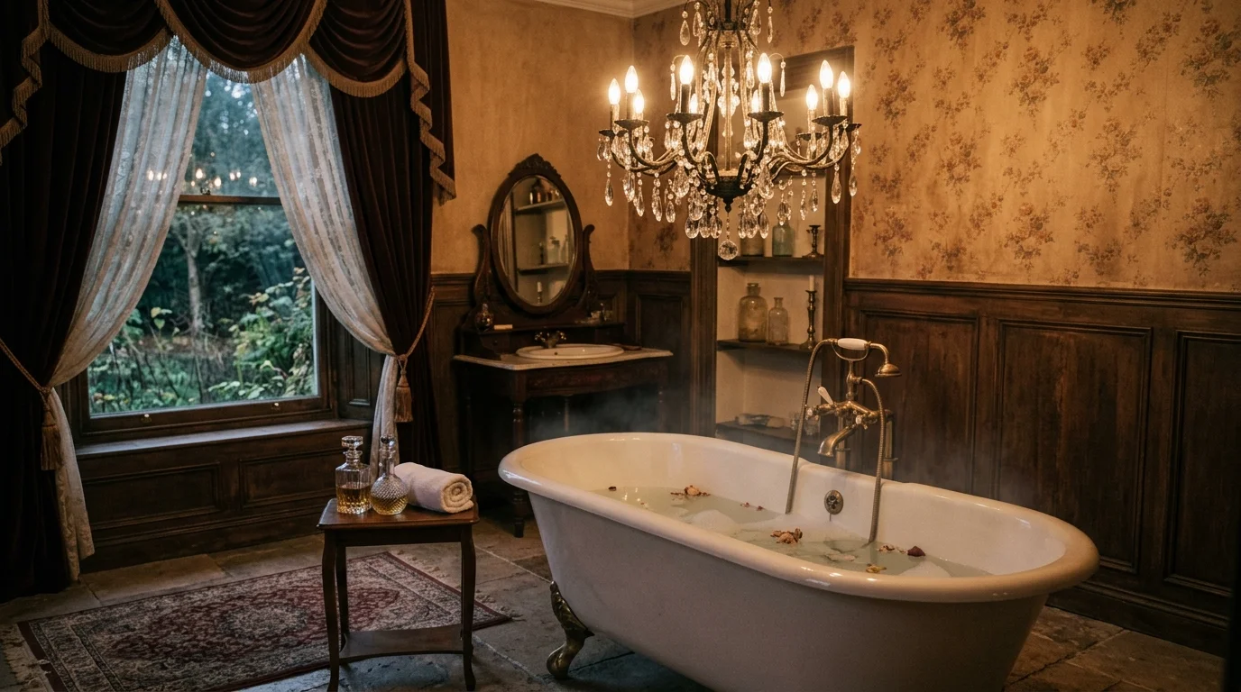 A bathroom with an antique chandelier above a tub soft ambient lighting luxurious nostalgic ambiance no people