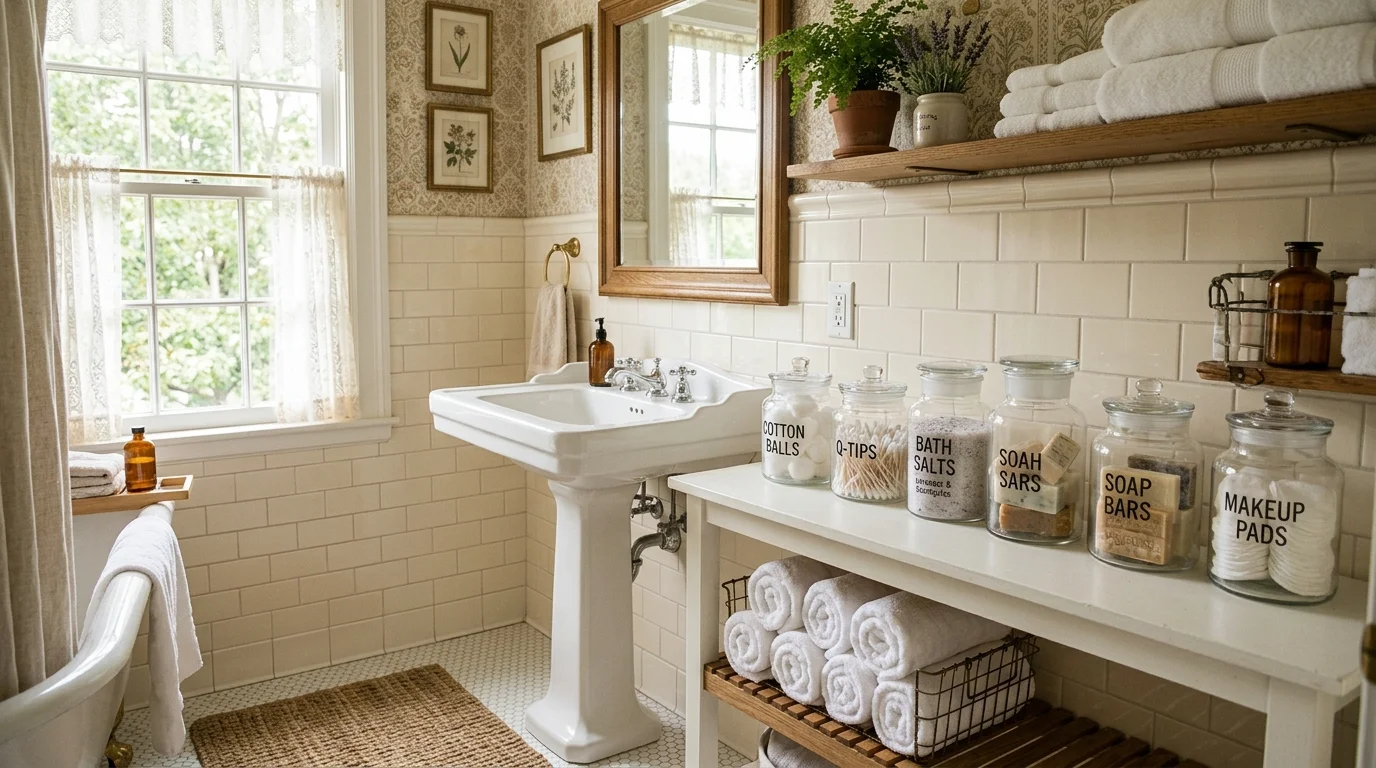 A vintage style bathroom with glass jars holding toiletries and rolled towels bright lighting organized classic aesthetic no people