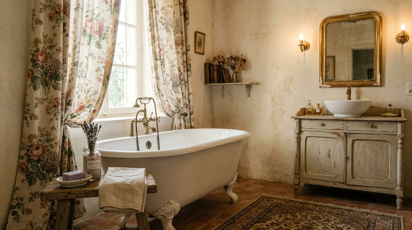 A bathroom with floral curtains a freestanding tub and vintage accessories soft lighting romantic old world charm no people
