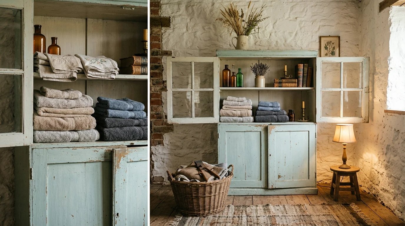 A space with a distressed cabinet storing towels and decor warm lighting rustic vintage appeal no people