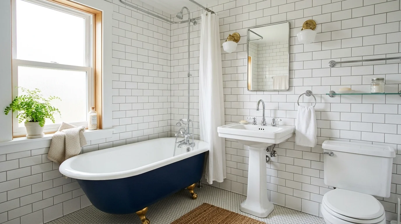 A bathroom with subway tile walls and classic fixtures bright natural daylight clean vintage look no people