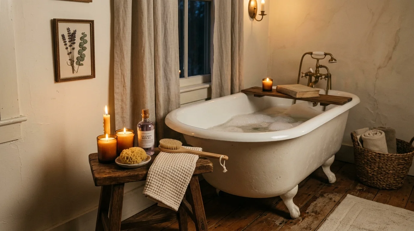 A cozy corner with a small stool holding candles and bath essentials beside a tub soft lighting relaxing nostalgic setup no people