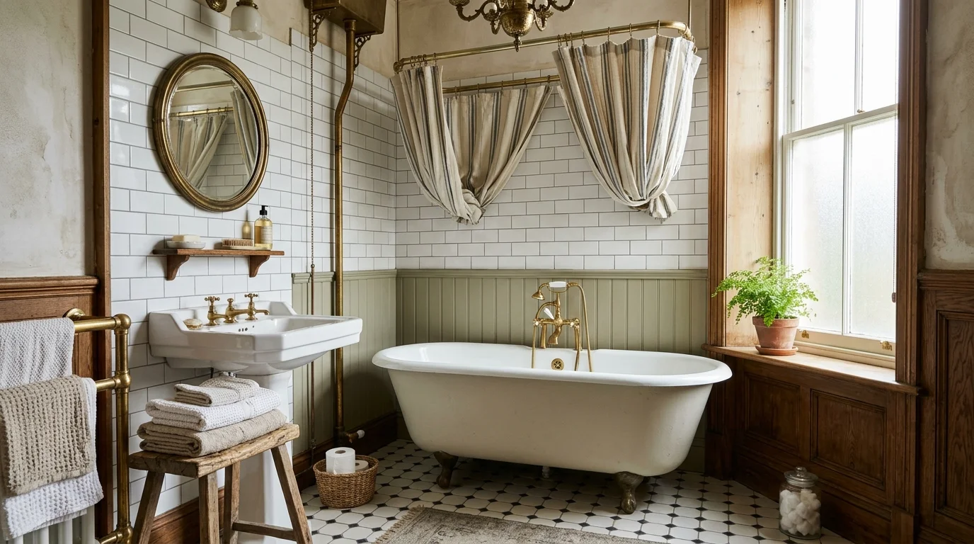 A vintage bathroom with a mix of textures including wood metal and fabric bright natural light balanced timeless design no people