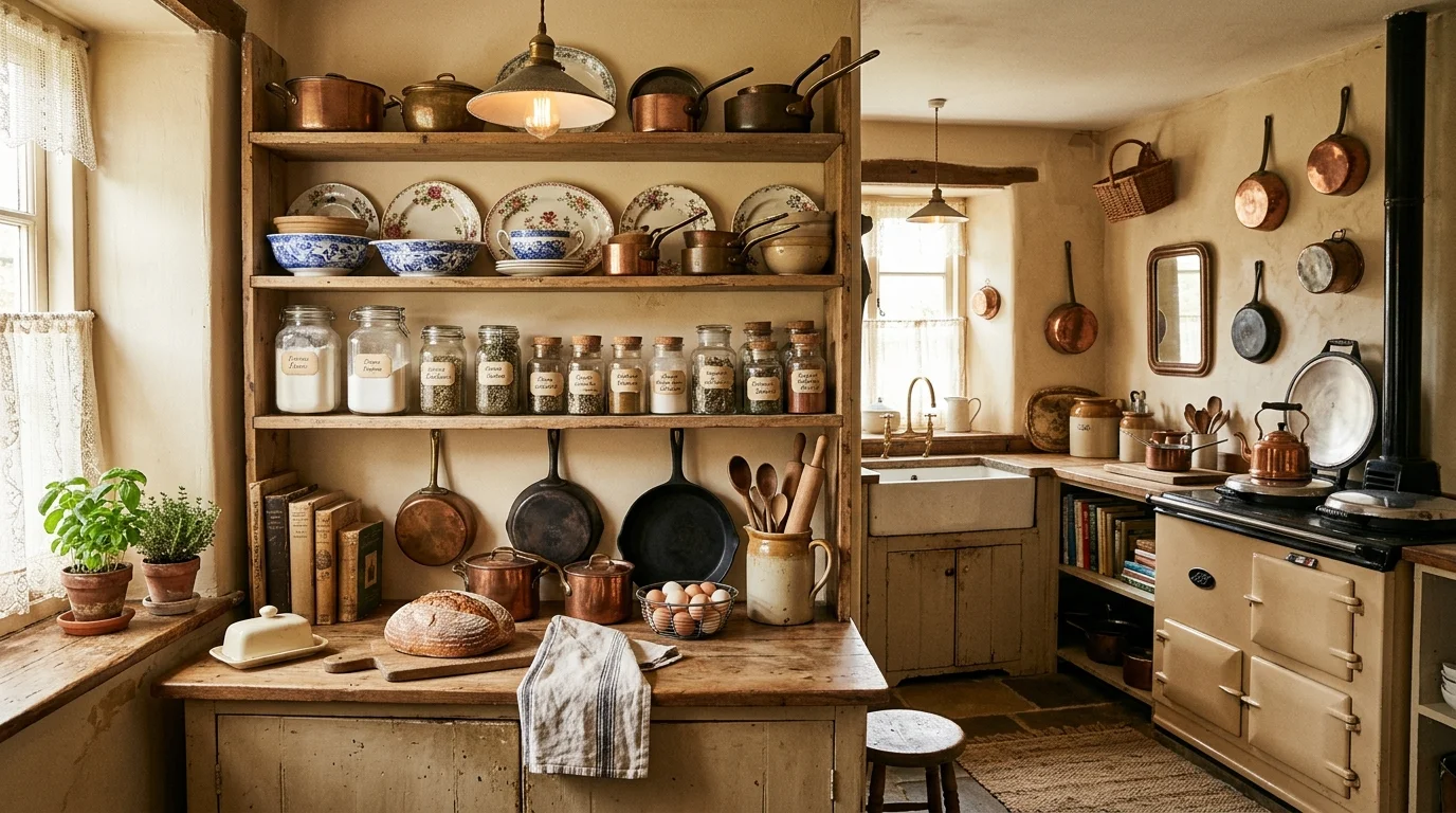 A cozy kitchen with open shelves displaying antique dishes jars and cookware warm soft lighting classic vintage feel no people