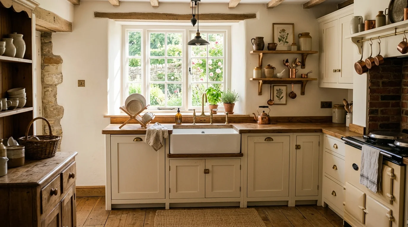 A kitchen with a farmhouse sink wooden countertops and vintage fixtures bright natural light timeless rustic charm no people