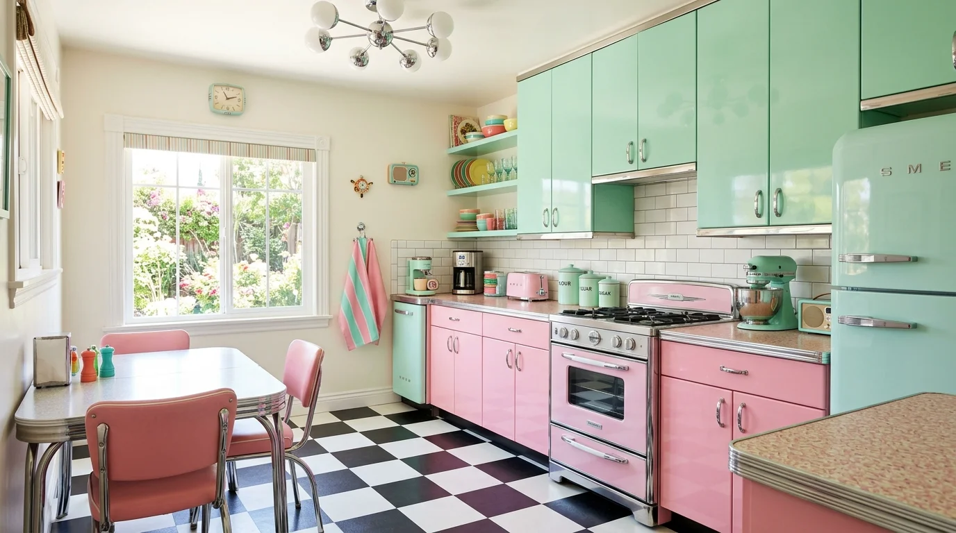 A retro kitchen with bold colored cabinets like mint green and pink paired with chrome accents bright lighting playful nostalgic design no people