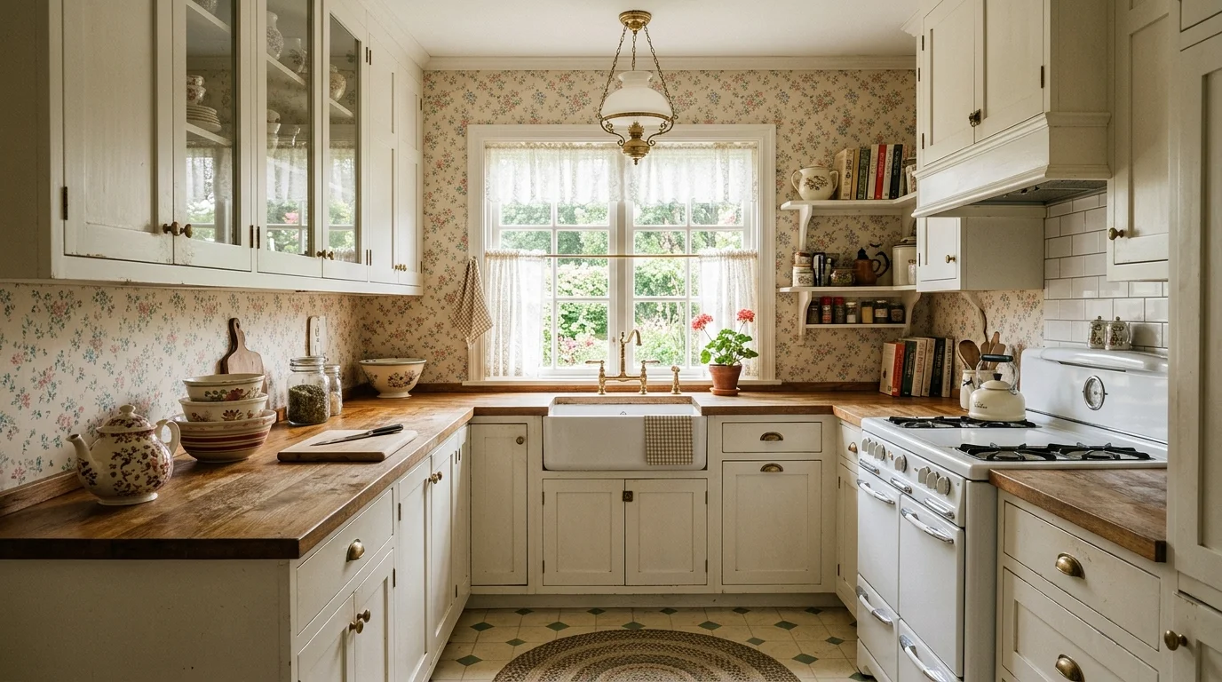 A vintage kitchen with floral wallpaper and white cabinets paired with soft lighting delicate charming aesthetic no people
