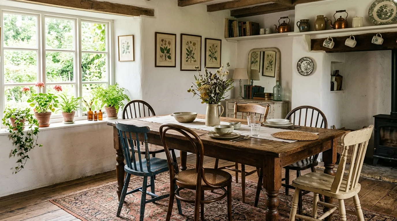 A space with a wooden dining table and mismatched vintage chairs bright natural daylight cozy nostalgic dining area no people