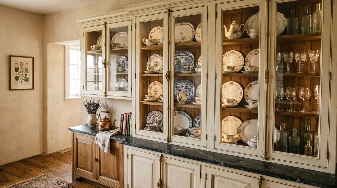 A kitchen with glass front cabinets showcasing antique dishware soft lighting elegant vintage display no people