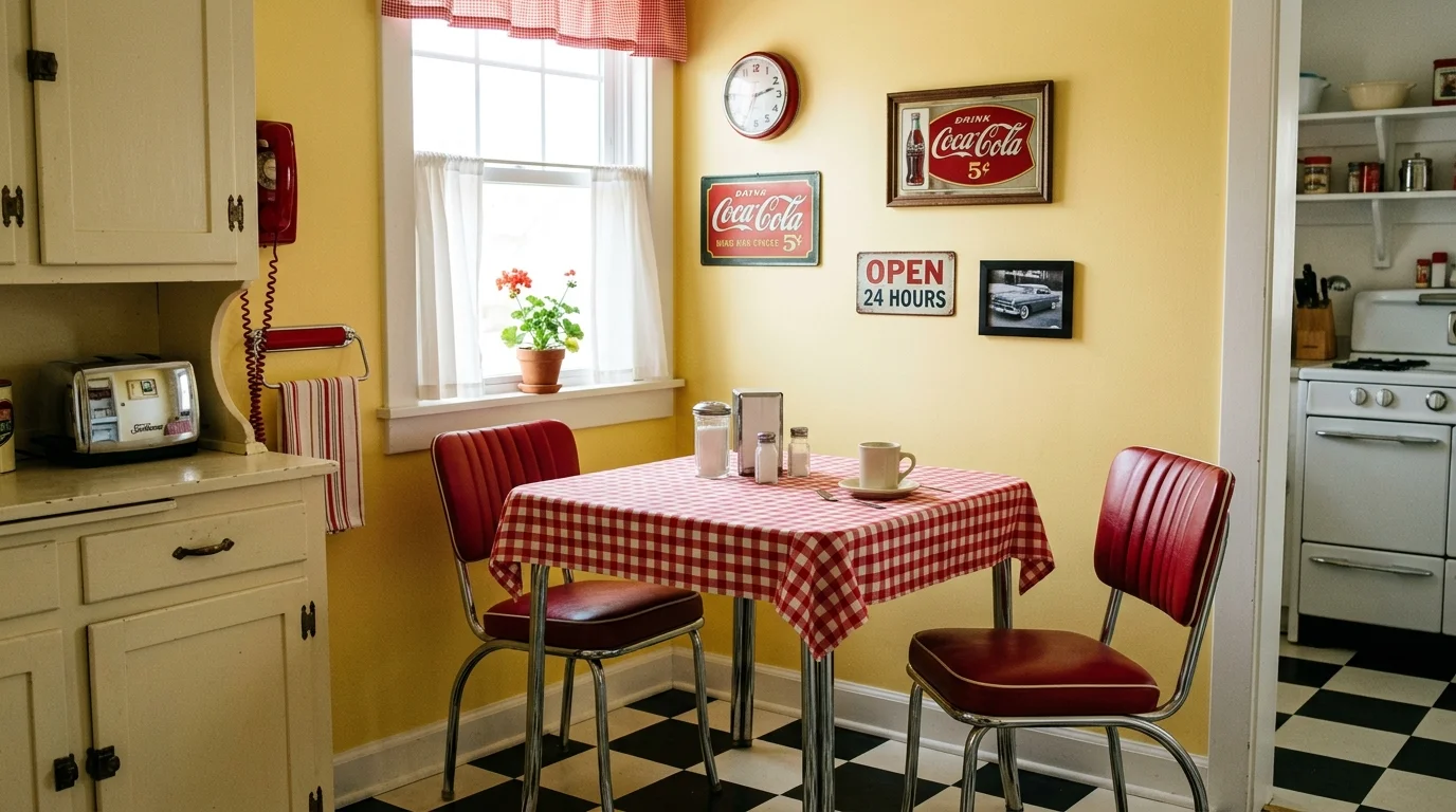 A retro kitchen corner with a small table a checkered cloth and simple decor bright lighting classic diner style vibe no people