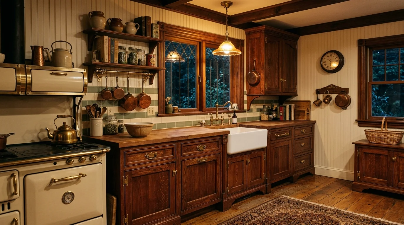 A vintage kitchen with brass hardware and detailed cabinetry warm lighting rich nostalgic ambiance no people