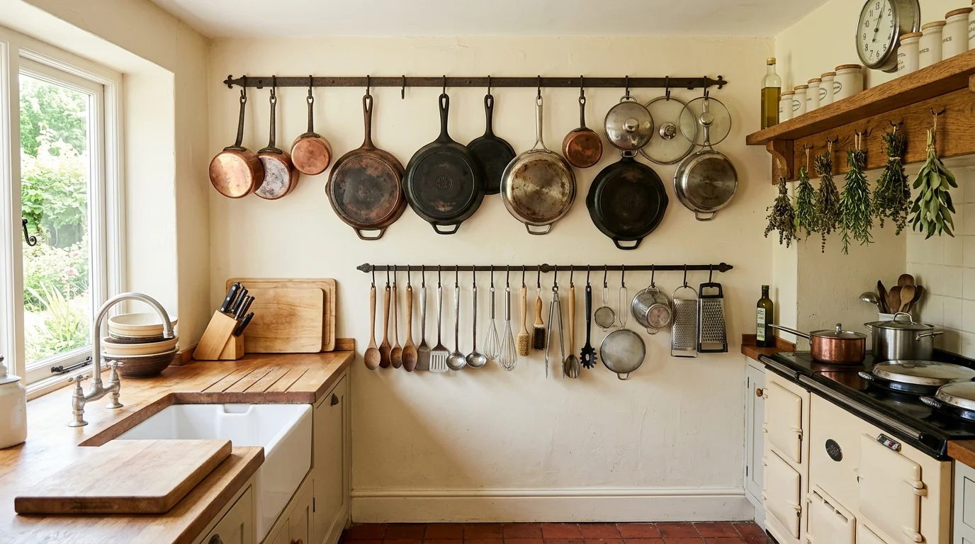 A kitchen with a wall of hooks holding pots pans and utensils arranged neatly bright lighting functional vintage style no people