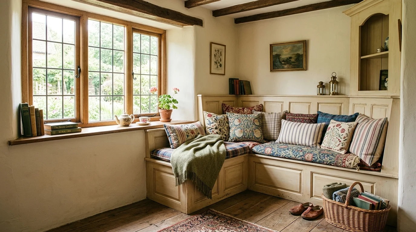 A cozy nook with a built in bench and patterned cushions bright natural daylight charming old fashioned seating area no people