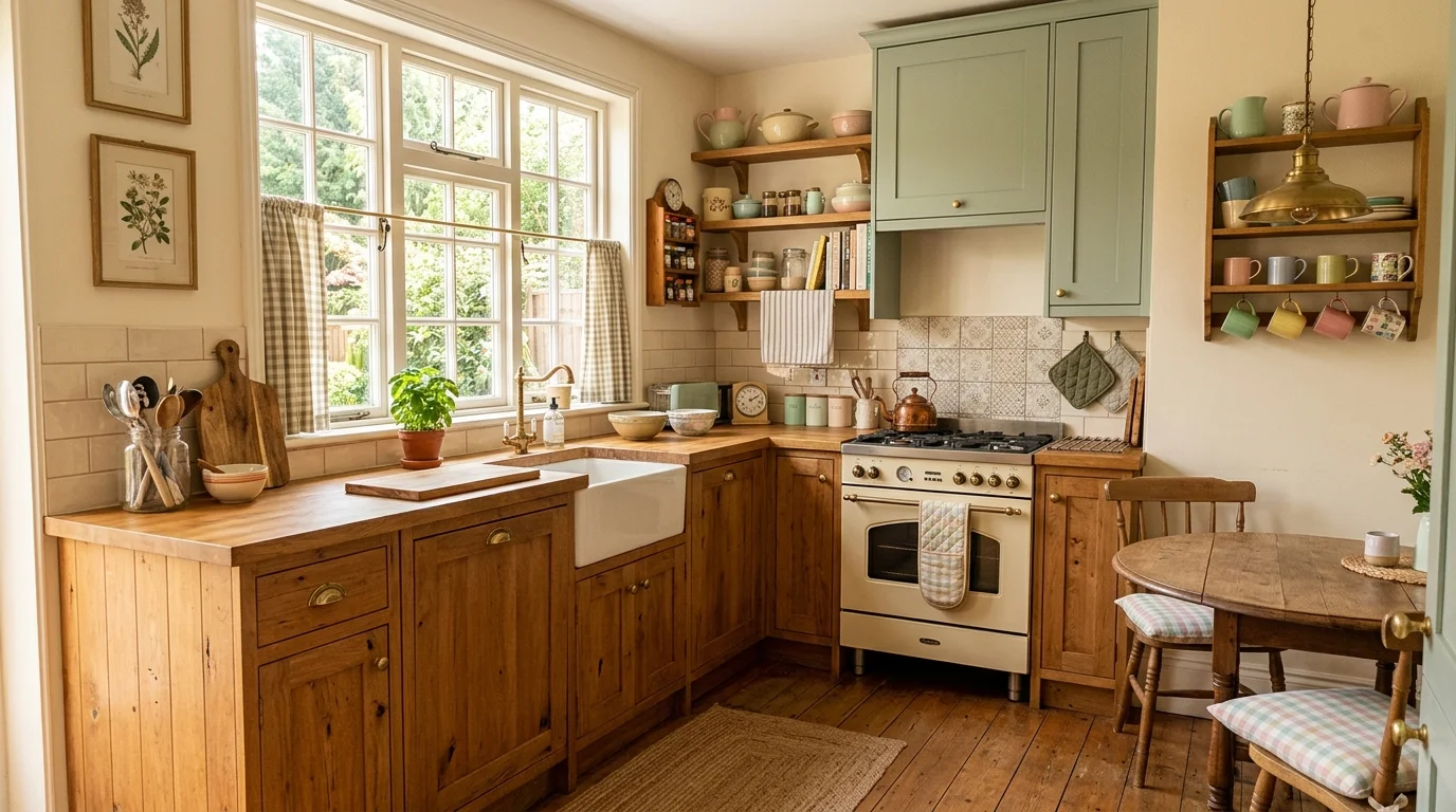 A kitchen with a mix of pastel tones and wood accents bright lighting warm inviting vintage aesthetic no people