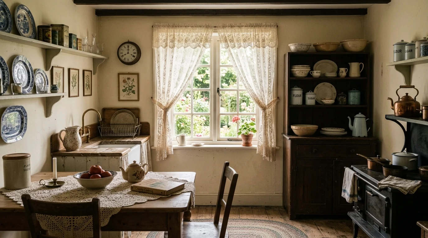 A nostalgic kitchen with lace curtains antique decor and soft color palette warm lighting gentle timeless charm no people