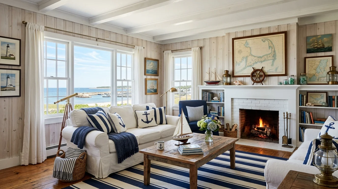 A charming Cape Cod living room with whitewashed wood paneling, navy blue accents, striped textiles, and nautical decor, bright natural coastal light, cozy timeless atmosphere, no people