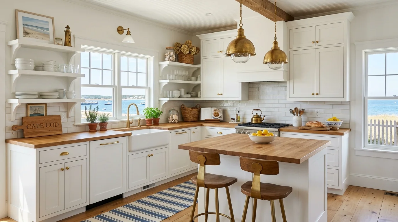 A Cape Cod kitchen with shaker-style white cabinets, butcher block countertops, brass fixtures, and seaside-inspired decor, airy sunlight-filled space, clean coastal elegance, no people